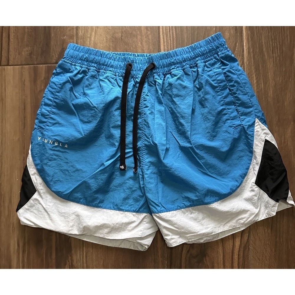 YoungLA Mens Colorblock Nylon Gym Shorts‎ Blue White Black Athletic Size Medium